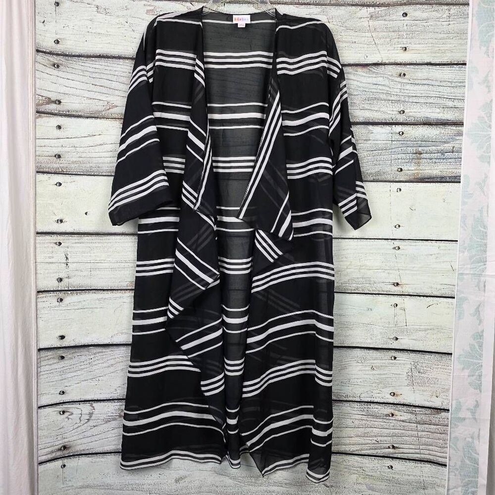 LuLaRoe Black White Stripe Duster Cardigan Womens M